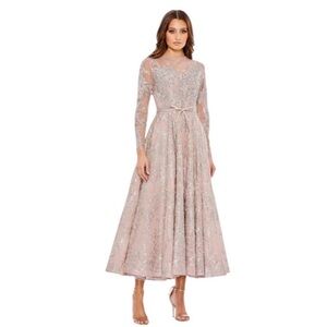 MAC DUGGAL Dress Size 14 Evening Gown Sequin Rose Pink Embellished Bow Belt